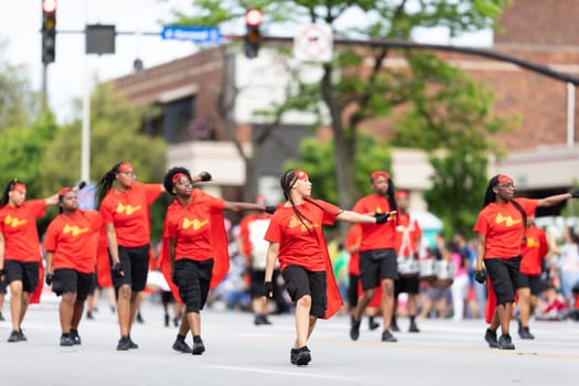 Louisville, Kentucky, USA - May 2, 2019: The Pegasus Parade, Members of the Michigan City Soul Steppers Drill team from Indiana