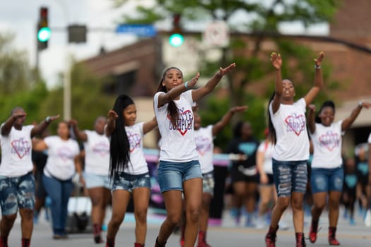 Louisville, Kentucky, USA - May 2, 2019: The Pegasus Parade, Members of KY Elite Complex, dancing during the parade