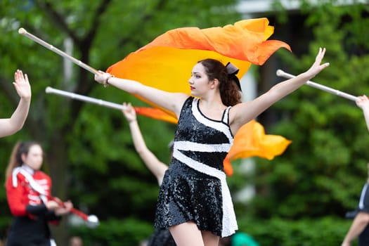 Louisville, Kentucky, USA - May 2, 2019: The Pegasus Parade, Members of the Upper St Clair Music Depertment, The Pride Of USC, performing at the parade
