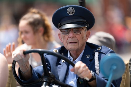 Buckhannon, West Virginia, USA - May 18, 2019: Strawberry Festival, Military veterans of the United States being driven on jeeps during the parade