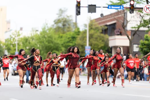 Louisville, Kentucky, USA - May 2, 2019: The Pegasus Parade, African American women members of the STR8 Diamonds dancing during the parade