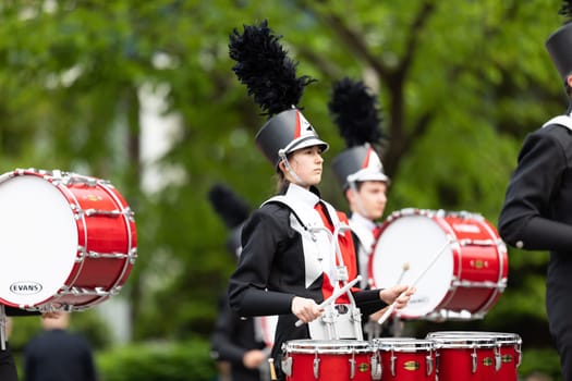 Louisville, Kentucky, USA - May 2, 2019: The Pegasus Parade, Members of the Upper St Clair Music Depertment, The Pride Of USC, performing at the parade