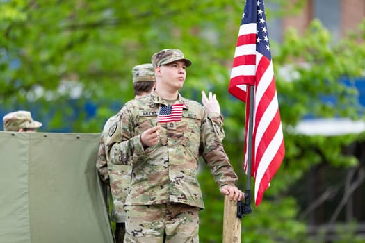 Louisville, Kentucky, USA - May 2, 2019: The Pegasus Parade, Float Carrying JROTC members and Military Veterans, during the parade