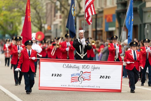 Holland, Michigan, USA - May 11, 2019: Tulip Time Parade, Members of the American Legion Band performing during the parade