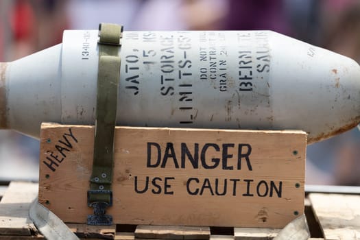 Buckhannon, West Virginia, USA - May 18, 2019: Strawberry Festival, Bomb being transported on a vehicle down the road during the parade
