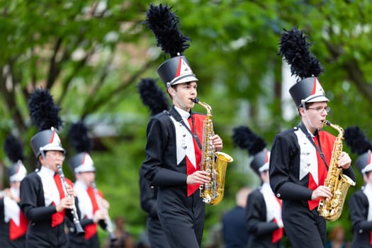 Louisville, Kentucky, USA - May 2, 2019: The Pegasus Parade, Members of the Upper St Clair Music Depertment, The Pride Of USC, performing at the parade