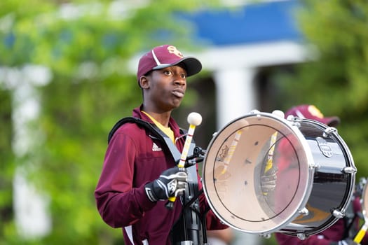 Louisville, Kentucky, USA - May 2, 2019: The Pegasus Parade, Members of the Simmons Collage Marching Falcons, performing at the parade