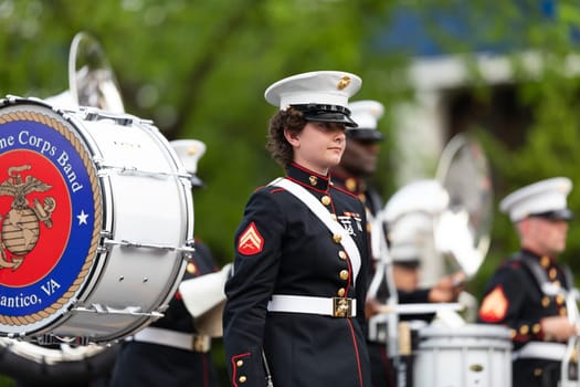 Louisville, Kentucky, USA - May 2, 2019: The Pegasus Parade, Members of the U.S. Marine Corps Band, performing at the parade