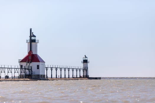 St. Joseph, Michigan, USA - May 4, 2019: View of the North Pier Lighthouse at Lake Michigan