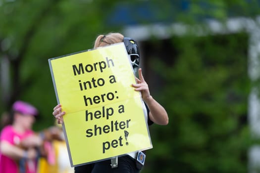 Louisville, Kentucky, USA - May 2, 2019: The Pegasus Parade, Woman holding a sign that says, Morph into a Hero: Help a shelter pet, promoting pet adoption during the parade