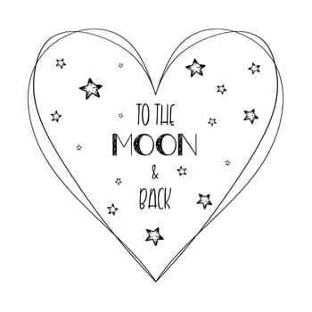 Romantic quote love you to the moon and back minimalistic sketch lettering composition. Hand drawn typography design with heart, stars and text calligraphy. Conceptual art for Valentine's day.