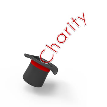 Three-dimensional illusionist's top hat on white background with pop-up caption 'Charity'. Concept of campaign, institution, organization or fund established to help the needy.