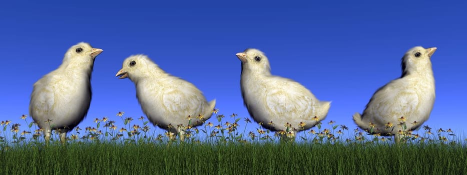 Four chicks in the grass with flowers by day - 3D render