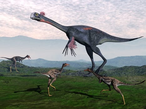 Gigantoraptor surrounded with small mononykus dinosaurs in the mountain - 3D render