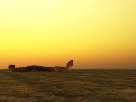 Snake trying to bite in the desert by sunset - 3D render