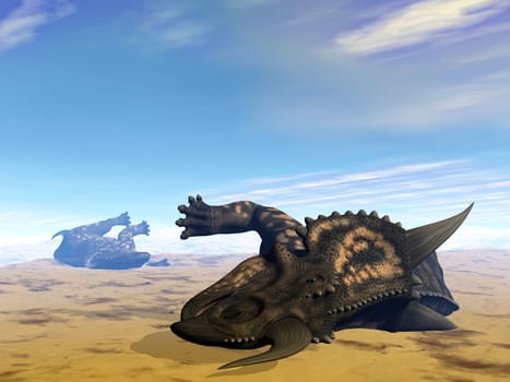 Two einiosaurus dinosaurs dead in the desert because of lack of water - 3D render