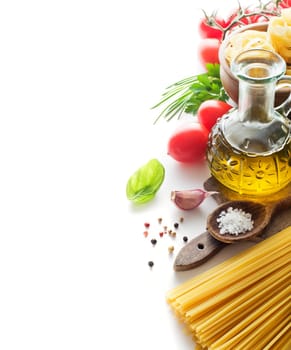 Raw Pasta with ingredients isolated on white background