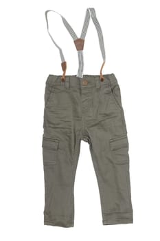 Jeans isolated. Trendy stylish khaki denim pant or trousers for child boy with striped suspenders isolated on a white background. Jeans summer and autumn fashion.