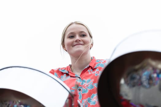 Holland, Michigan, USA - May 11, 2019: Tulip Time Parade, Members of the Petoskey Steel Drum Band, performing during the parade