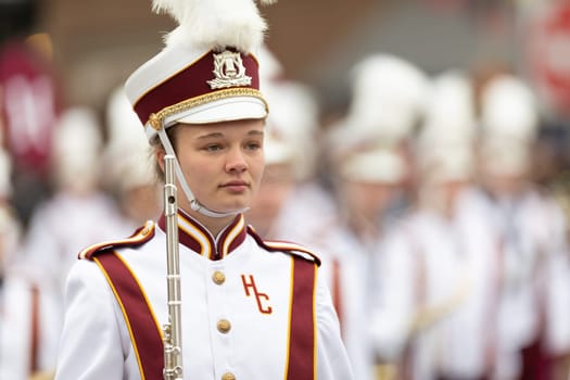Holland, Michigan, USA - May 11, 2019: Tulip Time Parade, Members of the Holland Christian High School Marching Band, Performing during the parade