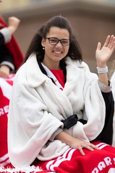 Holland, Michigan, USA - May 11, 2019: Tulip Time Parade, Float transporting the Red Flannel Festival queen and her Court during the parade