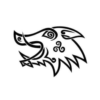 Celtic knot stylized  illustration of a head of wild boar, wild pig, hog or razorback side view done in.plait work knotwork woven into cord design with triskelion in black and white stencil style.