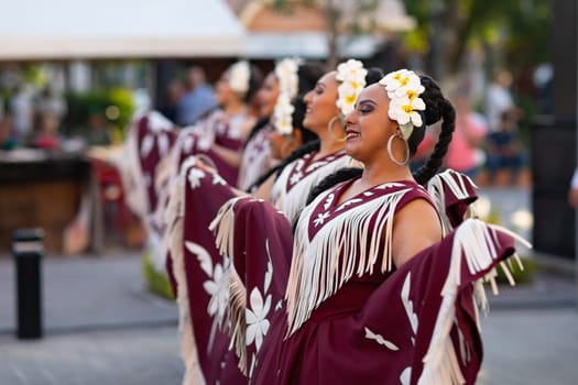 Matamoros, Tamaulipas, Mexico - June 30, 2019:  Kermes Cathedral Nuestra Senora del Refugio, Men and women in traditional clothing, performing traditional dances during a Church Festival in the streets of Matamoros