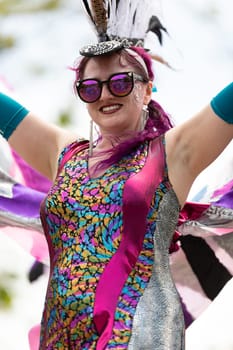 Cleveland, Ohio, USA - June 8, 2019: Parade the Circle, women on stilts dancing during the parade