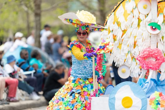 Cleveland, Ohio, USA - June 8, 2019: Parade the Circle, woman wearing an outfit made up of flowers during the parade