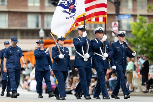 Louisville, Kentucky, USA - May 2, 2019: The Pegasus Parade, Members of the United States Coast Guard, marching down the street during the parade