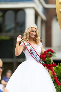 Louisville, Kentucky, USA - May 2, 2019: The Pegasus Parade, Float carrying the Kentucky Derby Royal Court during the parade