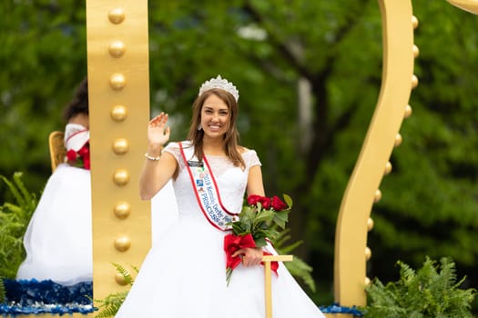 Louisville, Kentucky, USA - May 2, 2019: The Pegasus Parade, Float carrying the Kentucky Derby Royal Court during the parade