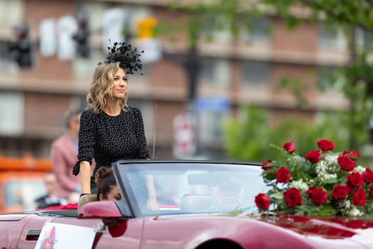 Louisville, Kentucky, USA - May 2, 2019: The Pegasus Parade, Car transporting Natalie Zea, actress, during the parade