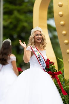 Louisville, Kentucky, USA - May 2, 2019: The Pegasus Parade, Float carrying the Kentucky Derby Royal Court during the parade