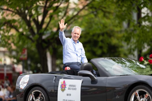 Louisville, Kentucky, USA - May 2, 2019: The Pegasus Parade, Car carrying Mayor of the city of Louisville