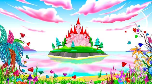 Fantasy fabulous landscape. The island has a pink princess castle. Seascape. Blue sky with pink clouds. Fabulous plants and flowers.