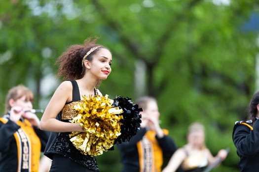 Louisville, Kentucky, USA - May 2, 2019: The Pegasus Parade, Members of the Montour High School Marching Band, performing during the parade