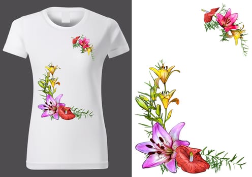 Design of Women White T-shirt with Floral Pattern - Colored Fashion Illustration for Plant Lovers