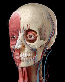 Human anatomy 3d illustration of head with skull, eye bulbs, blood vessels and muscles, on black background.