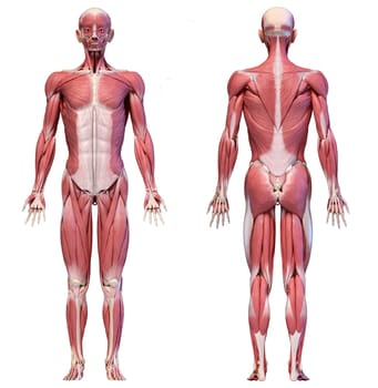 Human anatomy 3d illustration, male muscular system full body, front and back views on white background.