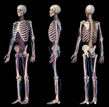 Human body anatomy. 3d illustration of Skeletal and cardiovascular systems. Three views. On black background.