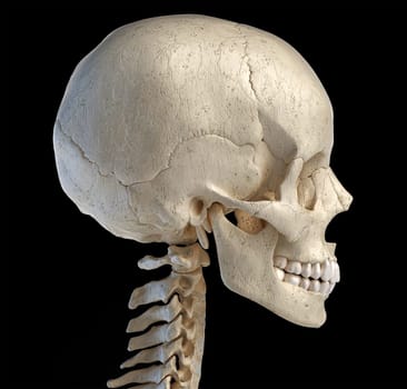 Human anatomy 3d illustration of the skull. Lateral view, on black background.