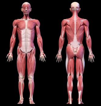 Human anatomy 3d illustration, male muscular system full body, front and back views on black background.