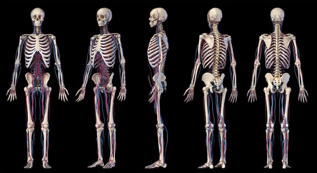 Human body anatomy. 3d illustration of Skeletal and cardiovascular systems. Multiple angles views. On black background.