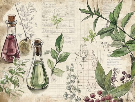 Illustration showcases an array of herbal plants alongside glass vials containing colorful liquids. The vintage style highlights intricate details of botanical study with hand-drawn notes.
