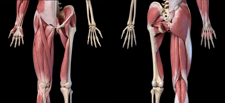 Human male anatomy, limbs and hip muscular and skeletal systems, with internal muscle layers. Front and back views, on black background. 3d anatomy illustration.