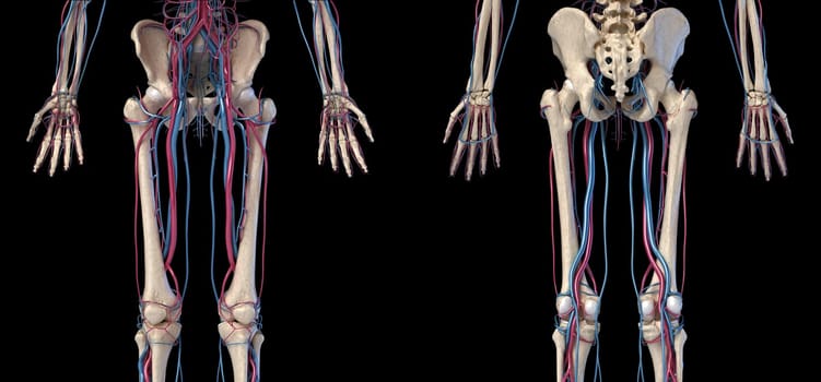 Human body anatomy. 3d illustration of Hip, legs and hands skeletal and cardiovascular systems. Viewed from the front and back. On black background.