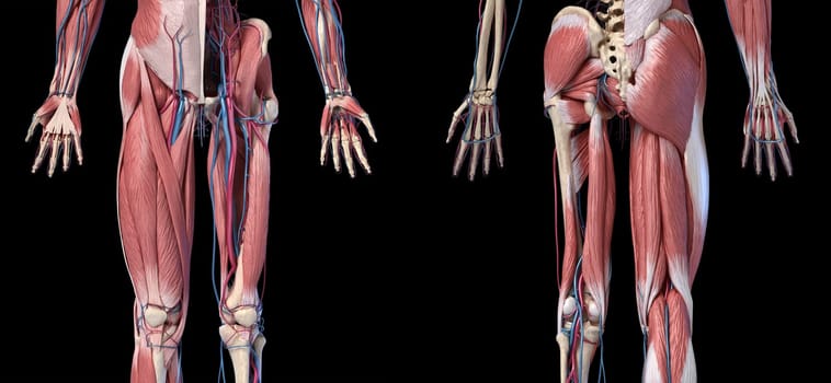 Human Anatomy, Limbs and hip skeletal, muscular and cardiovascular systems, with sub layers muscles. front anche rear views, on black background. 3d Illustration