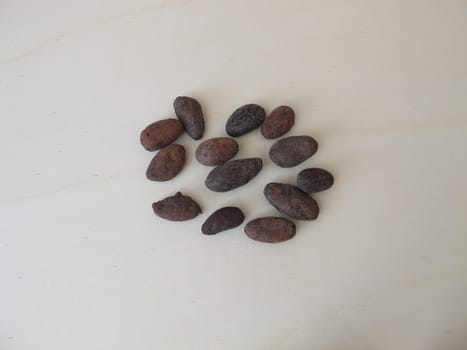 Roasted cocoa beans on a wooden board
