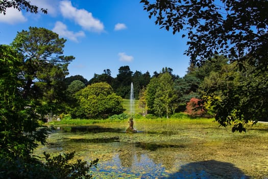 A lake with fountain and many water lilies, surrounded by green trees, Powerscourt gardens, Wicklow, Ireland